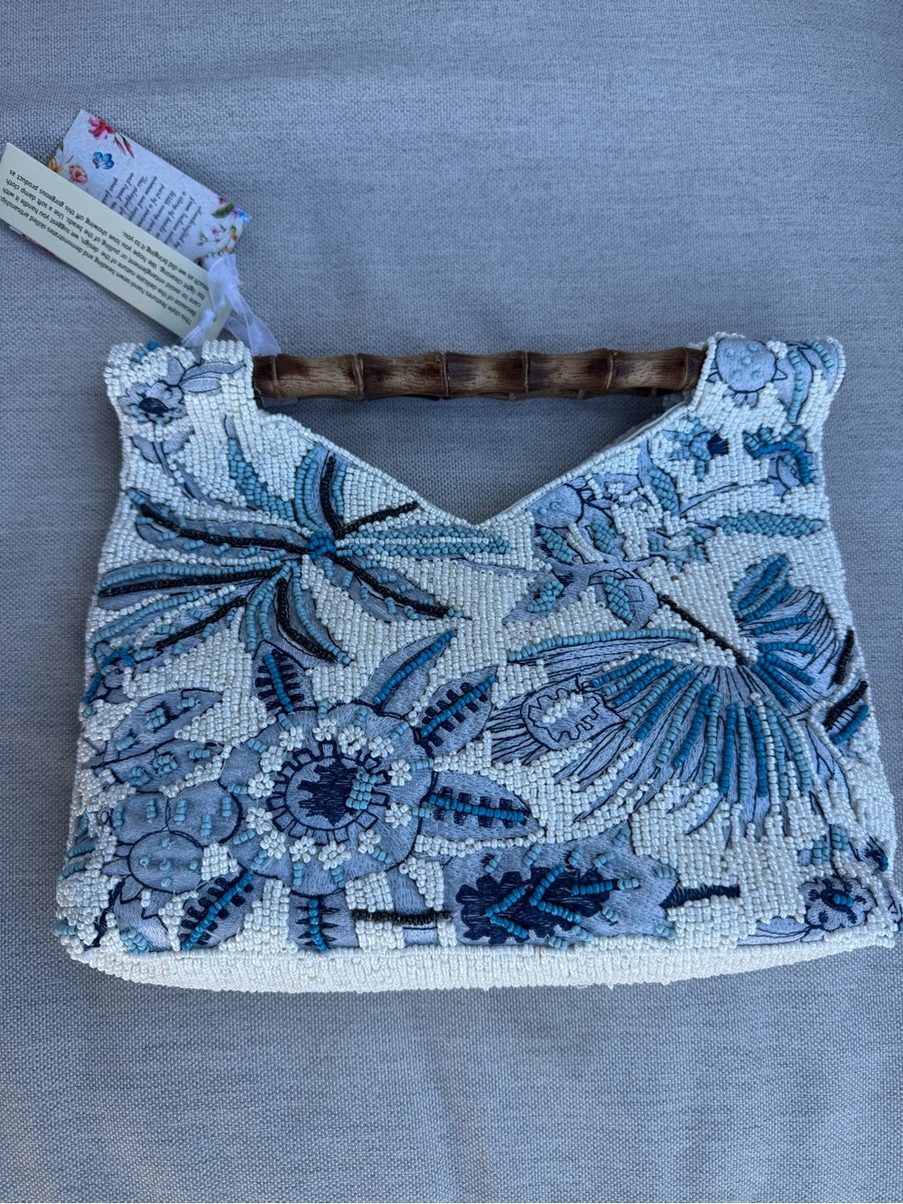 NWT BEADED PURSE Blue Floral BAG w Bamboo Handle Sequin Statement Bag - Picture 16 of 16